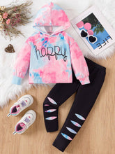 2pcs Girls Fashion Tie Dye Letter Print Hooded Sweatshirt + Slim Fit Pants Set